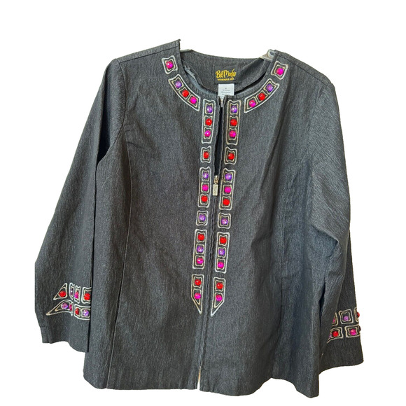 Bob Mackie Wearable Art Black Denim Zip Jacket 1X Purple Red Jeweled Embroidered - Picture 1 of 8
